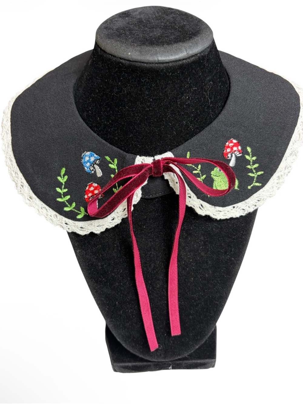 Whimsical black embroidered Lolita mushroom frog lace trim bow collar necklace
